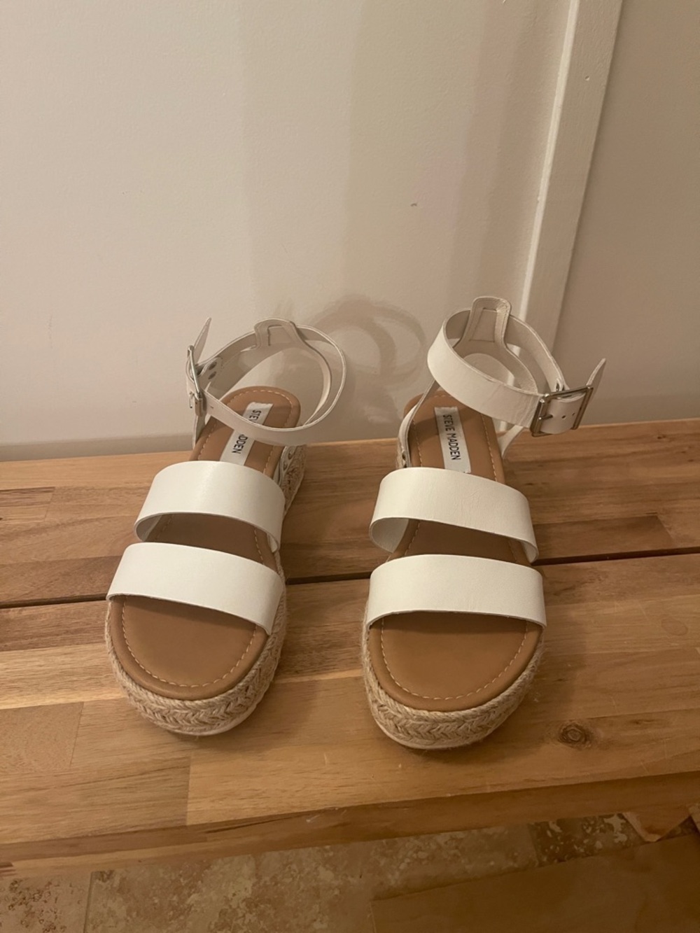 Steve Madden White Espadrille Platform Sandals with Ankle Strap Size 8